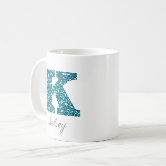 Monogram K Blue Glittery Tasse (Vorderseite Links)