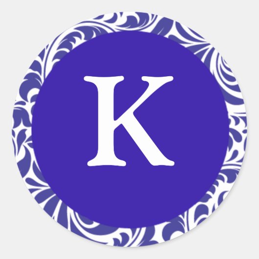 Monogram K Blue White Designer Wedding Monogram I Runder Aufkleber (Vorderseite)