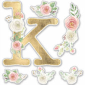 Monogram K Gold Blush White Rose Floral Aquarell Aufkleber (Vorderseite)