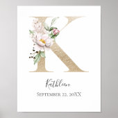 Monogram K Pink White Floral Gold Letter Kinderzim Poster (Vorne)