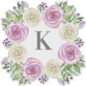 Monogram K Wedding Lavender and White Roses Floral Aufkleber (Vorderseite)