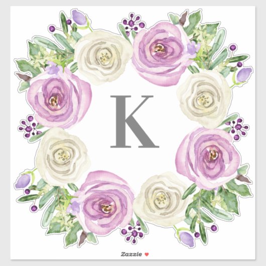 Monogram K Wedding Lavender and White Roses Floral Aufkleber (Blatt)