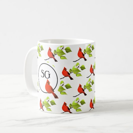Monogram Kardinal Songbird auf Baumzweig Kaffeetasse (Vorderseite Links)