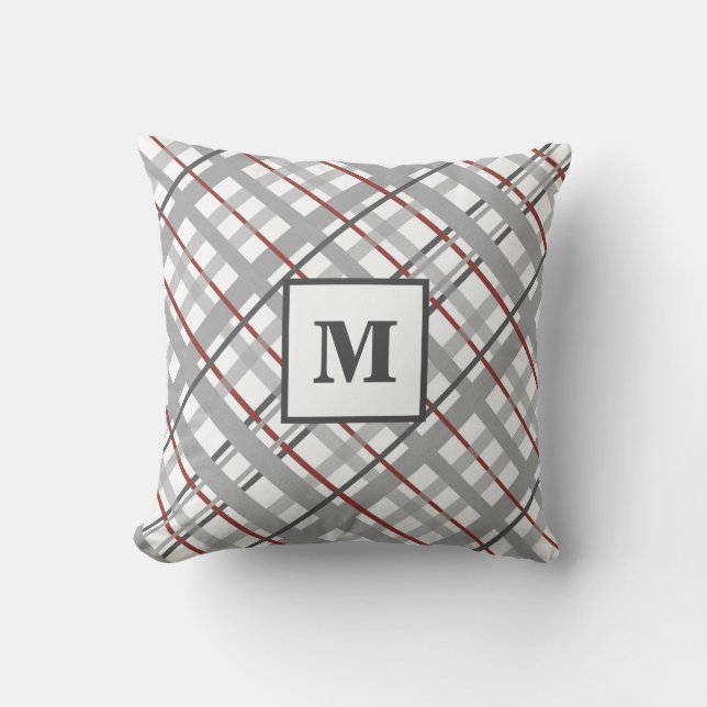 Monogram Kariert Red Gray Silver Kissen (Vorderseite)