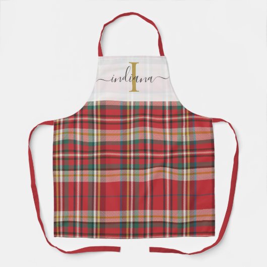 Monogram Kariert Red Green Script rustikal Schürze (Vorderseite)