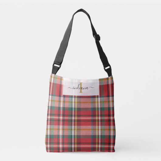 Monogram Kariert Red Green Script rustikal Tragetaschen Mit Langen Trägern (Vorderseite)