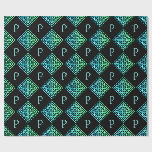 Monogram keltic Knot Blue Green Wrapping Paper Geschenkpapier (Flach)