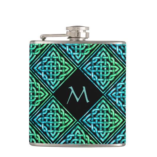 Monogram Keltic Knot Diamond Blue Green Hip Flask Flachmann (Vorderseite)