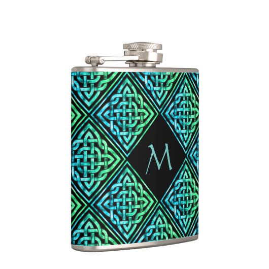 Monogram Keltic Knot Diamond Blue Green Hip Flask Flachmann (Rechts)