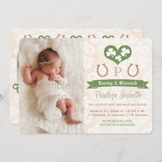 Monogram Kleeblatt & Horseshoe Geburtsankündigung Ankündigung (Vorne/Hinten)