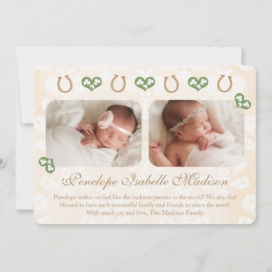 Monogram Kleeblatt & Horseshoe Geburtsankündigung Ankündigung (Rückseite)