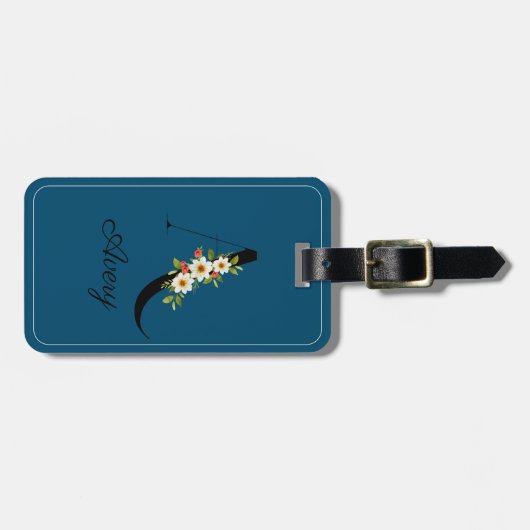 Monogram-Kobalt-Aquarell-Blume Gepäckanhänger (Vorderseite horizontal)