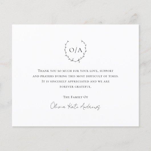 Monogram-Kranken-Budget-Beerdigung Dankeschön-Kart (Vorderseite)