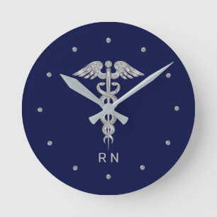Monogram Krankenpfleger Silber-Grau Kaduzäus auf N Runde Wanduhr