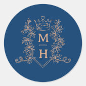 Monogram Kronenhochzeit Wappen Blau und Rose Gold Runder Aufkleber (Vorderseite)