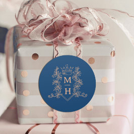 Monogram Kronenhochzeit Wappen Blau und Rose Gold Runder Aufkleber