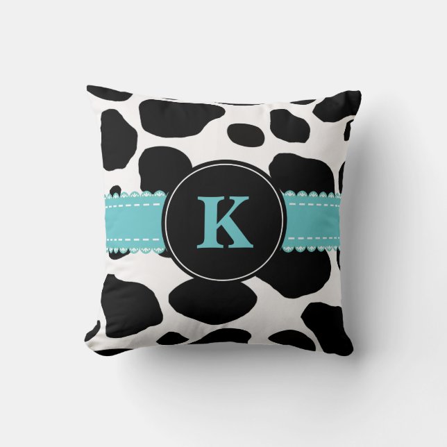 Monogram Kuh Print und Aquamarin Accent Pillow Kissen (Vorderseite)