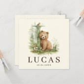 Monogram L Beer Neutraaal Bosdier Jongen Geboorte Karte (Vorderseite/Rückseite Beispiel)