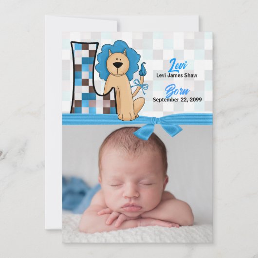 Monogram L Blue Lion New Baby Birth Ankündigung (Vorderseite)