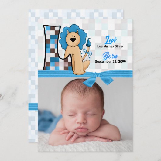 Monogram L Blue Lion New Baby Birth Ankündigung (Vorne/Hinten)