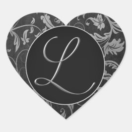 Monogram L Silver and Black Damask Wedding Siegel Herz-Aufkleber