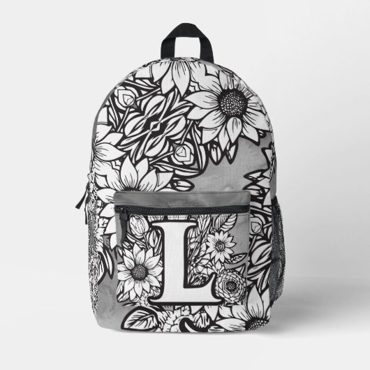 Monogram "L" Sunflower Pattern Black and White DIY Bedruckter Rucksack (Vorderseite)