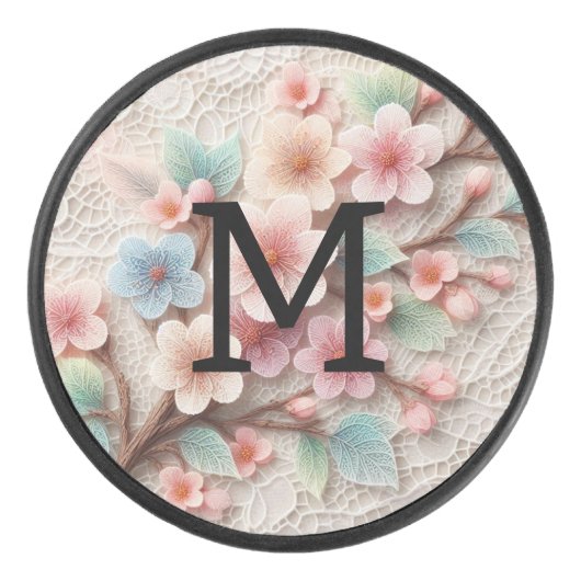 Monogram lace floral pink pastel cherry blossom eishockey puck (Vorderseite)