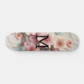 Monogram lace floral pink pastel cherry blossom  skateboard (Horizontal)
