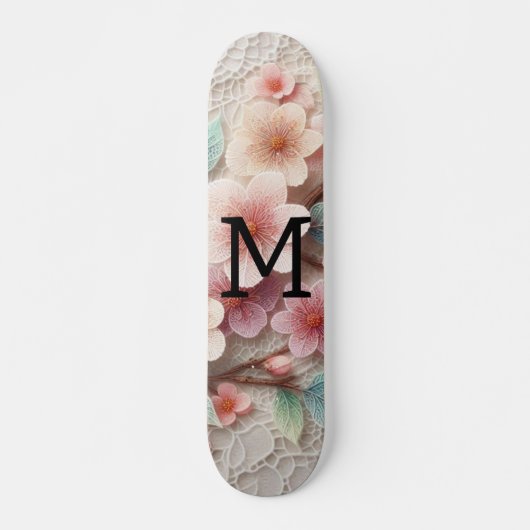 Monogram lace floral pink pastel cherry blossom  skateboard (Vorne)