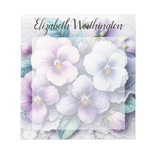 Monogram lace floral pink purple pansies flowers  notizblock (Vorderseite)