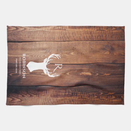 Monogram Lake Rustic Deer Antler Wood Geschirrtuch (Horizontal)