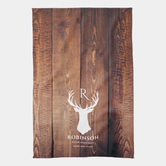 Monogram Lake Rustic Deer Antler Wood Geschirrtuch (Vertikal)