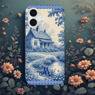 Monogram Landhaus Cottage Französische Toile Blaue iPhone 16 Hülle