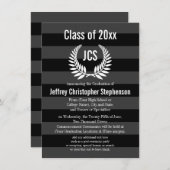 Monogram Laurel Masculine Black Abschluss Einladung (Vorne/Hinten)