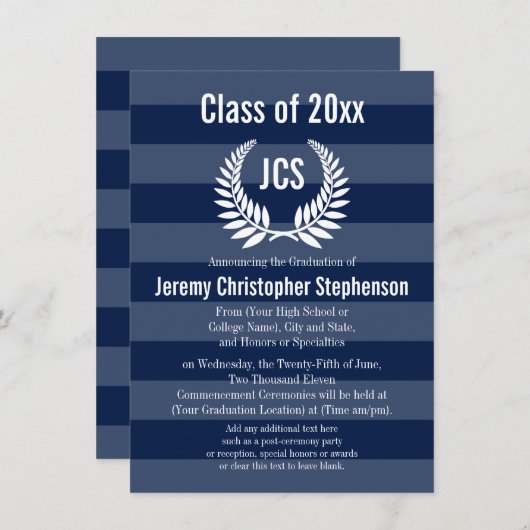 Monogram Laurel Masculine Blue Abschluss Einladung (Vorne/Hinten)