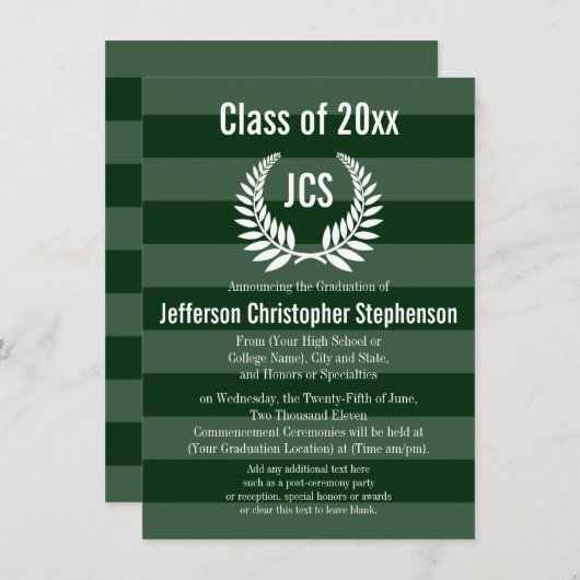 Monogram Laurel Masculine Green Abschluss Einladung (Vorne/Hinten)