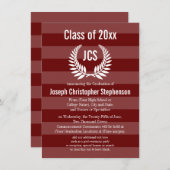 Monogram Laurel Masculine Red Maroon Abschluss Einladung (Vorne/Hinten)