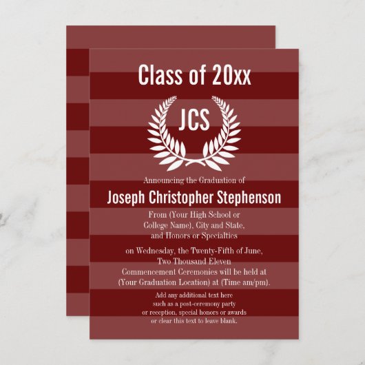 Monogram Laurel Masculine Red Maroon Abschluss Einladung (Vorne/Hinten)