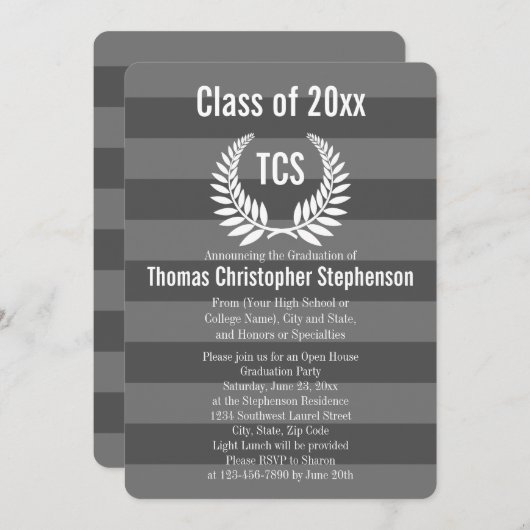 Monogram Laurel Stripe Gray Graduation Party Einladung (Vorne/Hinten)