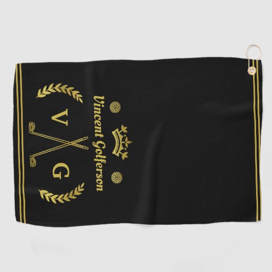 Monogram Laurel Wreath Clubs Crown mit Name Gold Golfhandtuch (Horizontal)