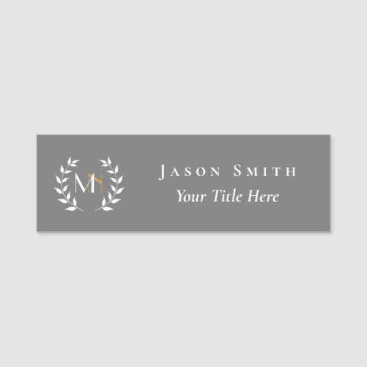 Monogram Laurel Wreath Gray Name Tag Namensschild (Vorderseite)
