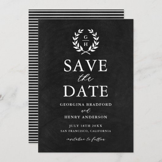 Monogram Laurel Wreath Imitats Chalkboard Save The Date (Vorne/Hinten)