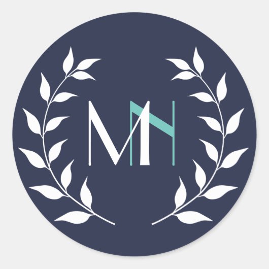 Monogram Laurel Wreath Navy Blue Runder Aufkleber (Vorderseite)