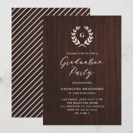 Monogram Laurel Wreath Rustic Wood Abschluss Einladung