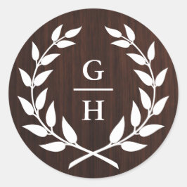 Monogram Laurel Wreath Rustic Wood Pattern Wedding Runder Aufkleber