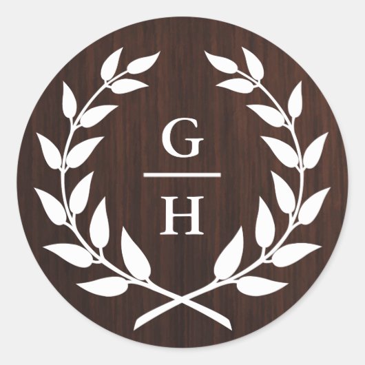 Monogram Laurel Wreath Rustic Wood Pattern Wedding Runder Aufkleber (Vorderseite)