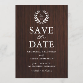Monogram Laurel Wreath Rustic Wood Save the Date