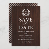 Monogram Laurel Wreath Rustic Wood Save the Date (Vorne/Hinten)