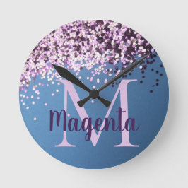 Monogram Lavender Confetti auf Blue Runde Wanduhr