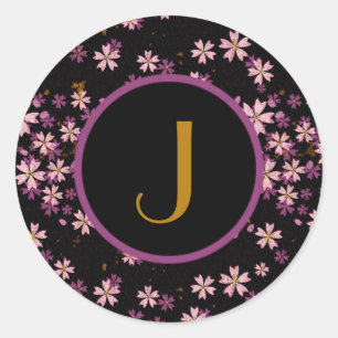 Monogram Lavender Lila Wild Blume auf Black Runder Aufkleber
